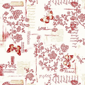 Marcus Fabrics dubbelbreed roomwit met rode letters en vlinders
