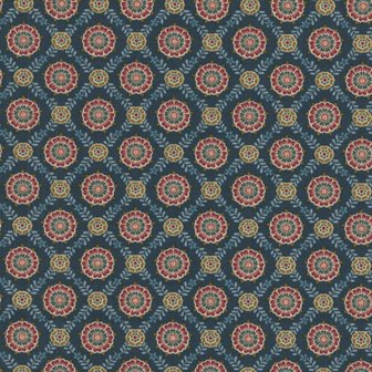 Henry Glass Fabrics Lille, blauw met rode rozetten