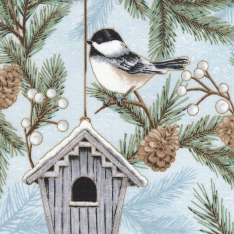 Hoffman California Kerst licht grijs vogels en vogelhuisjes met gouddruk