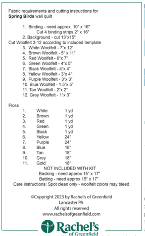 Spring Birds, compleet pakket miniquilt