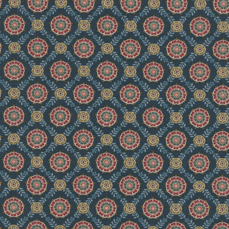 Henry Glass Fabrics Lille, blauw met rode rozetten