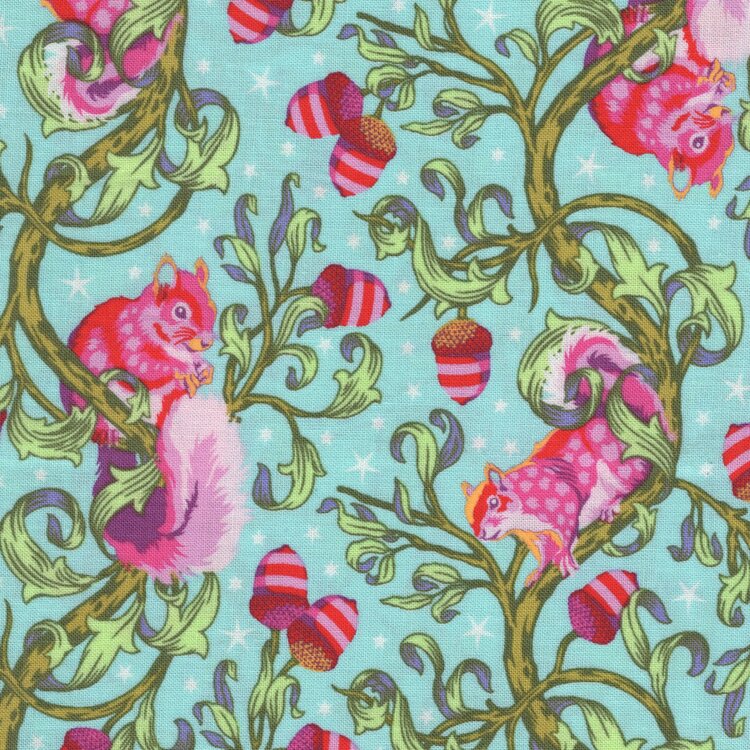 Free Spirit Tula Pink Tiny Beasts blauw roze eekhoorns